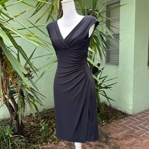 Black V Neck Ruched Midi Cocktail Dress